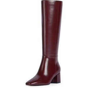Women's Burgundy Knee High Boots Square Toe Tall Chunky Heel Rubber